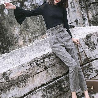 Set: Bell-sleeve Top + High Waist Harem Pants