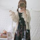 Pointelle Knit Cardigan / Printed Sleeveless Midi A-line Dress