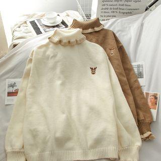 Deer Embroidered Turtleneck Sweater