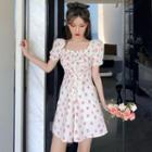 Puff-sleeve Strawberry Print Lace Up A-line Mini Dress