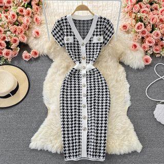 Short Sleeve Houndstooth Knit Dress Black - One Size