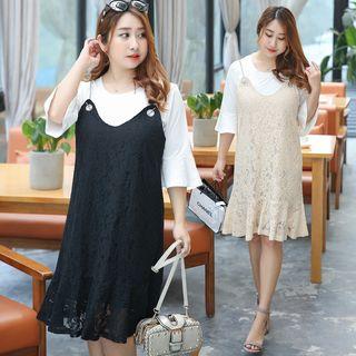 Set: Plain Bell-sleeve T-shirt + Strappy Lace Dress