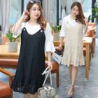Set: Plain Bell-sleeve T-shirt + Strappy Lace Dress