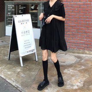 Collared Short-sleeve Shift Dress Black - One Size