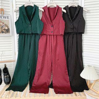 Set: Striped Button-up Crop Vest + Wide-leg Dress Pants