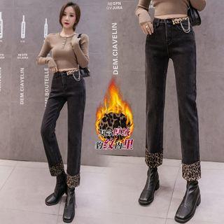 Leopard Print Panel Straight Leg Jeans
