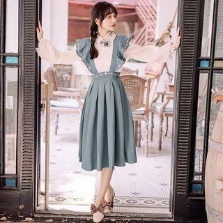 Lantern-sleeve Shirt / Suspender A-line Skirt / Set