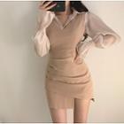 Long-sleeve Frill Trim Shirt / Sleeveless Asymmetric Mini Dress