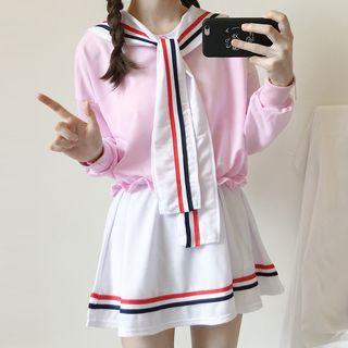 Set: Long-sleeve Contrast-trim Sailor Collar Top + Mini A-line Skirt Top - Pink - One Size / Skirt - White - One Size