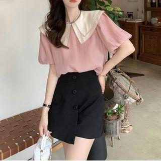 Short-sleeve Double Collar Blouse / Asymmetrical Skort