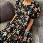 Floral Print Puff-sleeve Maxi A-line Dress Black - One Size