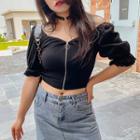 Elbow-sleeve Zip-up Crop Top