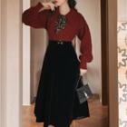 Set: Floral Print Tie-neck Sweater + High Waist Velvet Midi A-line Skirt