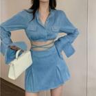 Long-sleeve Button-up Crop Top / Mini Skirt