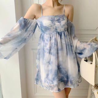 Cold-shoulder Dye Print Mini A-line Dress