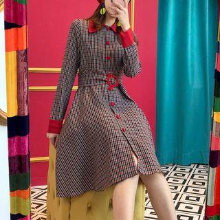 Single-breasted Buckled Plaid A-line Coat Dress