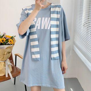 Set: Elbow-sleeve Lettering Print Mini T-shirt Dress + Striped Shawl