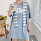 Set: Elbow-sleeve Lettering Print Mini T-shirt Dress + Striped Shawl