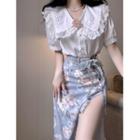 Short-sleeve Blouse / Floral Fitted Skirt