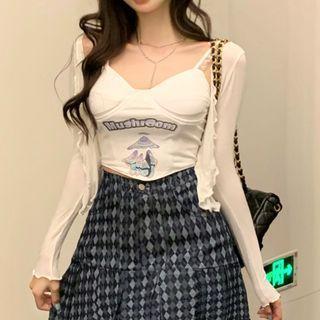 Spaghetti Strap Print Top / Plaid Mini A-line Skirt