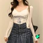 Spaghetti Strap Print Top / Plaid Mini A-line Skirt