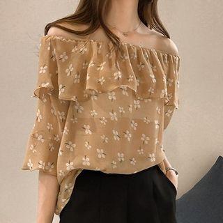 Elbow-sleeve Off-shoulder Floral Print Chiffon Top