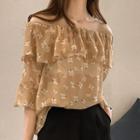Elbow-sleeve Off-shoulder Floral Print Chiffon Top