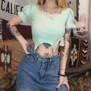 Eyelet Trim Short-sleeve Cropped Top Green - One Size