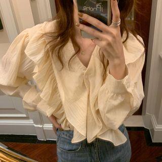 Long-sleeve Ruffled V-neck Blouse Cream - One Size