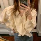 Long-sleeve Ruffled V-neck Blouse Cream - One Size