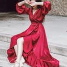V-neck Long-sleeve Maxi Dress Wine Red - One Size