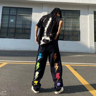 High Waist Bolt Print Wide Leg Jeans
