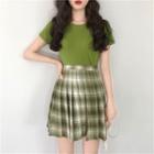 Short-sleeve Plain T-shirt / Plaid Mini Pleated Skirt