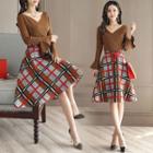 Set: Long-sleeve Knit Top + Plaid A-line Midi Skirt