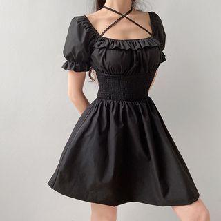 Puff Sleeve Cross-strap Ruched Mini A-line Dress