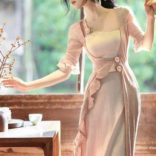 Flared-sleeve Mock Two-piece Flower Detail Midi Sheath Dress