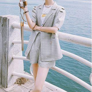 Set: Short Sleeve Double Breasted Plaid Blazer + Shorts