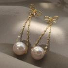Bow Chained Faux Pearl Dangle Earring 1 Pair - Bow Faux Pearl Earrings - Gold - One Size