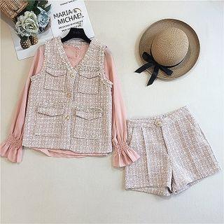 Set: Long-sleeve Top + Tweed Vest + Shorts