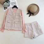 Set: Long-sleeve Top + Tweed Vest + Shorts