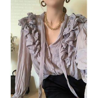 Long-sleeve Ruffle Loose-fit Blouse / Mid-waist Plain Full-length Pants