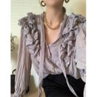 Long-sleeve Ruffle Loose-fit Blouse / Mid-waist Plain Full-length Pants