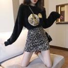 Set: Smiley Face Sequined Sweater + Mini Leopard Print A-line Skirt