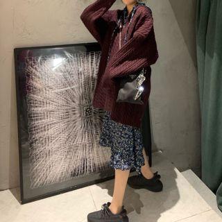 Oversized Cable-knit Sweater / Long-sleeve Hooded Midi Dress