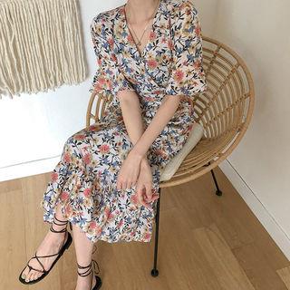 Wrap-front Floral Long Tiered Dress