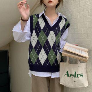 Argyle Print Sweater Vest Green - One Size