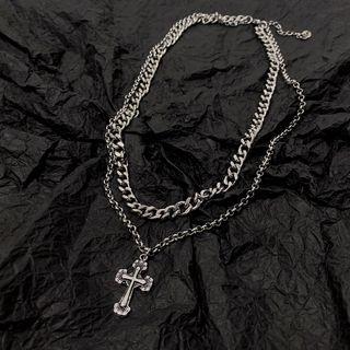 Cross Pendant Layered Stainless Steel Necklace Silver - One Size