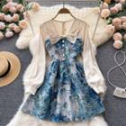V-neck Chiffon Long-sleeve Panel Embroidered Flower Dress