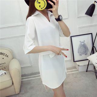 Tie-waist Elbow-sleeve Shirt Dress