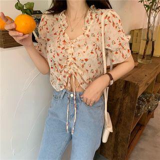 Floral Print Drawstring Chiffon Blouse Floral - One Size